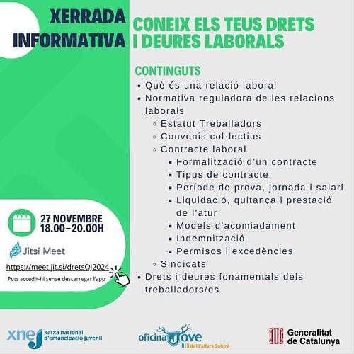 *Vols conèixer els teus drets i deures laborals?*

Si comences temporada d'hivern, si tens contracte fix discontinu i no saps com funciona, si tens la teva primera feina... 

...vine a conèixer les normatives, els convenis, els models i tipus de contractes, el dret a permisos i excedències, etc.

📅 27 de novembre
🕤 18h. - 20h.
🖥 En línia a: https://meet.jit.si/dretsOJ2024
(no et caldrà descarregar-te la app, pots entrar des del navegador)

@sobirajove