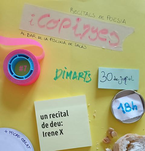 Si us diem "X", qui us ve al cap?
Wolverine, Ian MacKaye, Elon Musk...?
A partir de demà això canviarà. Esperem a les 6 de l'horabaixa a la piscina de Salàs les vostres orelles fresques, dubtes existencials i tot allò que vulgueu compartir al micro obert.
I, ja que hi som, us recordem que aquest és un espai de trobada que estem generant des de la tendresa i el bonroiu sense obtenir a canvi res més que el plaer de generar-lo, així que si sabeu que la vostra presència incomodaria qualcú perquè heu fet mal aprofitant opressions estructurals i no heu fet cap esforç per posar-hi remei, acceptarem la vostra absència com a mostra de gratitud per la feina que estem fent.
I a la resta de gent, fins demà! xx