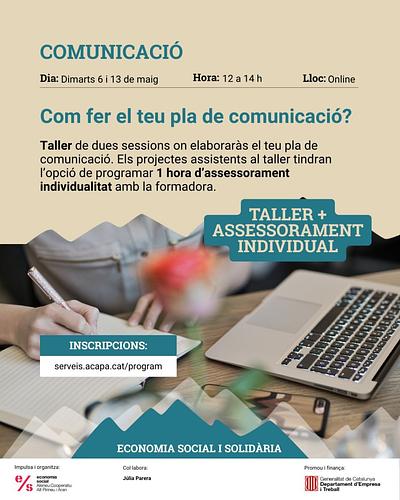 [DEMÀ] 📡 Vols comunicar millor el teu projecte? Penses en fer el teu pla de comunicació? T'agradaria rebre suport expert? 🤔 

Apunta't a aquest taller: 
🎓 2 sessions de formació + 👥 1 hora d'acompanyament expert individual

📅 6 i 13 de maig
⏰ 12 a 14 h
💻 taller online i gratuït  

👉 Inscriu-te: https://serveis.acapa.cat/program/com-fer-el-teu-pla-de-comunicacio-taller