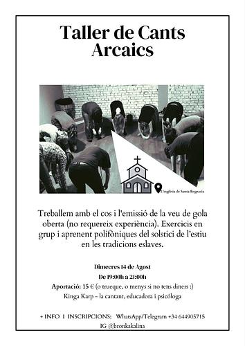 Todo se empezó en la iglesia de Santa Engracia hace añitos ya... Este verano volvemos a jugar con voces otra vez en este sitio precioso y fresquito!

Para abrir tu voz, buscar resonancias en el cuerpo, aprender a escuchar y expresar libremente. Usamos la metodología de los talleres de cantos arcaicos eslavas, aptos para cada cuerpo, cada voz, cada nivel. 
Dile 'adiós' a la vergüenza - en este taller nos apollamos entre nosotres 🙂
14 de agosto 19:00-21:00h
Inscribete: 644905715