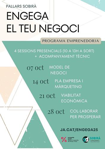 Engega el teu Negoci 💡Nocions bàsiques per posar en marxa la teva idea amb acompanyament tècnic especialitzat.

📍 Sessions presencials al Consell Comarcal de 10 a 13h.

📅 Calendari:
7 OCT · 🗂 El model de negoci
14 OCT · 📣 Pla d’empresa i màrqueting
21 OCT · 💶 Viabilitat econòmica
28 OCT · 🤝 Col·laborar per prosperar

📲 Inscripcions obertes: ja.cat/engega25 ✨ Vine i dona forma al teu projecte!