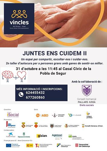 Bon dia! 

Nova data pel 2n taller "Juntes ens cuidem". 
Un taller d'autocura per a persones grans amb ganes de sentir-se millor.

🗓️ 31 Octubre 
🕐 11:45h
📍 Casal Cívic de La Pobla de Segur


El dinamitzarà la Sònia Font, psicòloga del Consell Comarcal del Pallars Jussà. 

Esteu totes benvingudes🤗