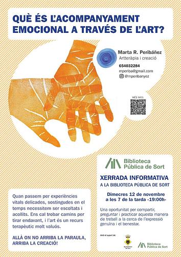 😓 Quan passem experiències vitals delicades i necessitem trobar suport l'art és un recurs terapèutic molt interessant 🎨

🗣️ La xerrada "Què és l'acompanyament emocional a través de l'art?", a càrrec de Marta R. Peribáñez, especialista en artteràpia i creació, és una oportunitat per compartir, preguntar i practicar

📅 Dimecres 12 de novembre, a les 7 de la tarda, a la sala d'actes de la Biblioteca Pública de Sort

👉 més informació https://bibliosort.cat/esdeveniments/xerrada-acompanyament-emocional/