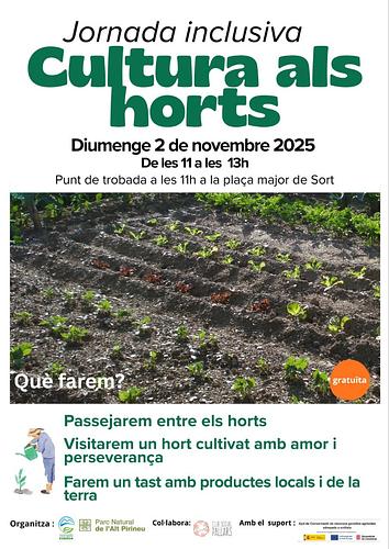 🌒Cultura als horts🫜🧄🧅

 Aquest diumenge 2 de novembre de les 11 -13h, vine amb Esboïga, a visitar els horts de Sort.  Coneixerem de primera mà que es cultiva a la tardor.🌱

Acabarem la jornada amb un tast de productes del Pallars😋

🧩Ens trobarem aquest diumenge 2 de novembre a les 11h a la plaça major de Sort.

Activitat gratuïta ✨  organitzada conjuntament amb el Parc Natural de l'Alt Pirineu