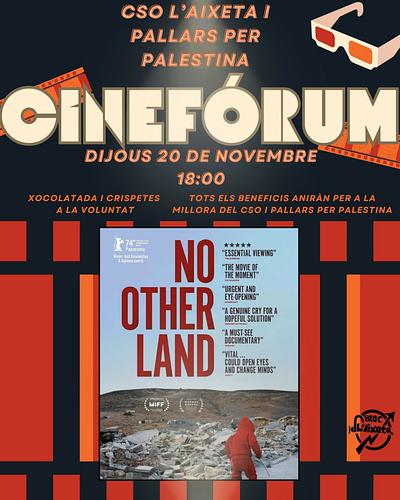 Des del CSO l’Aixeta i Pallars per Palestina us convidem a una tarda de cinema i solidaritat 🇦🇪
- Dijous 20 de novembre, 18:00
Projectarem No Other Land, un documental imprescindible sobre la resistència i la dignitat de Palestina.
- Xocolatada i crispetes a la voluntat.
Tots els beneficis es destinaran a Pallars per Palestina i al manteniment del CSO.
Cultura, consciència i suport mutu!
