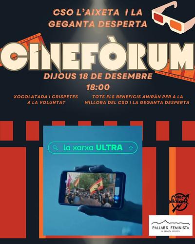 Projecció del documental Sense Ficció: “Xarxa Ultra”

Organitzat per CSO l’Aixeta i l’Assemblea Transfeminista La Geganta Desperta.

Xarxa Ultra mostra com l’extrema dreta utilitza la tecnologia per normalitzar els discursos d'odi, i la por com a eina política per guanyar presència i legitimitat.

El documental evidencia com aquests moviments ataquen directament els drets de les dones, del col·lectiu LGTBIQ+ i de les persones dissidents, utilitzant el masclisme, la transfòbia i el racisme com a pilars del seu projecte polític.

Identificar aquestes estratègies és imprescindible per frenar l’avenç del feixisme i impedir que arreli en les nostres vides.

Us esperem el dijous 18 de desembre al CSO l'Aixeta! 💜