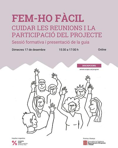 🤔A vegades sents que les reunions de la teva entitat o empresa són  carregoses? No tothom s'escolta per igual? Us falta temps per parlar les coses importants? 

🗣 Vine a la sessió formativa i presentació d'una guia:

Fem-ho fàcil: cuidem les reunions i la participació del projecte! ❤️

🗓 17/12
🕐 De 15.30h a 17h
📍Sessió online i gratuïta

👉🏻Inscripcions a: https://serveis.acapa.cat/program/fem-ho-facil-cuidar-les-reunions-i-la-participacio-del-projecte