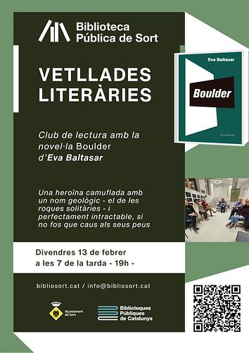 📖 Com s'enfronta a la maternitat una dona que vol viure en soledat? Ho descobrireu a "Boulder", d'Eva Baltasar, la novel·la que comentarem en la propera trobada del club de lectura de la Biblioteca!

📆 Divendres 13 febrer, a les 7 de la tarda (19h)
ℹ️ +info i inscripcions https://bibliosort.cat/esdeveniments/vetllades-literaries-boulder/