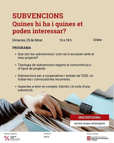 🤔 Et presentes a subvencions? T'agradaria facilitar la feina de preparar-les? Oferim un itinerari per conèixer opcions i millorar les propostes. 

Subvencions: Quines hi ha i quines et poden interessar?
📅 25/02/26
⏰ 16 a 18 h 

Subvencions: Com presentar un bon projecte? 
📅 04/03/26
⏰ 16 a 18 h 

💻 Sessions online i gratuïtes 

Inscriu-t'hi 👉 https://serveis.acapa.cat/program/itinerari-de-formacio-ajuts-i-subvencions