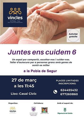 A Vincles, la xarxa veïnal d'acompanyament de l'Alt Pirineu i Aran, oferim tallers d'autocures per a persones grans amb ganes de sentir-se millor. 

🗓️ 27 de març
🕐 11:45 h
📍 Casal Cívic de la Pobla de Segur 

Informació i inscripcions:
624455432
677260860 

☝🏻💜
El projecte Vincles és impulsat en col·laboració amb la Fundació iSocial, el Consell Comarcal del Pallars Jussà i l'Ajuntament de La Pobla de Segur.

Compta amb el suport de la Diputació de Lleida.
