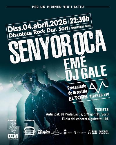 El pròxim dissabte 4 d’abril tanquem el cicle CiM-Cultura i Muntanya d’hivern 2026 reivindicant un ‘Pirineu Viu i actiu’ amb un super concert de SENYOR OCA, EMÉ i DJ GALE. Hip hip hop de la terra i Drum&Bass a la discoteca Rock Dur de Sort. 

A més, Pirineu Viu presentarà la revista EL TORB i contarem amb la presència de l'Assemblea de les Valls d'Àneu.

Obrim portes a les 21.30h, i la festa començarà a les 22.30h. 

Aprofiteu per comprar els tickets anticipats amb descompte (8€) a Vida Làctia (c/Major, 31, Sort), Instagram, o el mateix dia del concert a la guixeta (10€). No us quedeu sense que volaran!
______
Per un Pirineu viu i actiu!