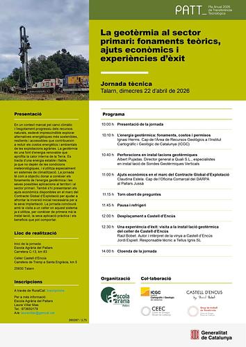 La geotèrmia al sector primari

Jornada de transferència tecnològica a l'Escola Agrària del Pallars.

📅Dimecres 22 d'abril de 10 a 14h.

Ponències + visita al celler de Castell d'Encús