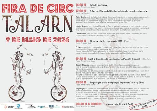 🎪 FIRA DE CIRC A TALARN!
📅 9 de maig 2026

Una tarda plena de màgia, acrobàcies i espectacles per a tots els públics 🤹‍♂️✨

🕓 Des de les 16:00 h fins a mitjanit

No t’ho perdis! Vine a gaudir del circ a Talarn 🎭