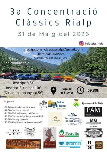 III Concentració de clàssics de Rialp. 

Un any més, tornem a omplir Rialp de vehicles clàssics. 🏘

Aquest any, anirem de ruta al Museu del Pastor, a Llessuí. I no sols visitarem el museu, tot pujant, podrem gaudir de les impressionants vistes de la vall d'Àssua. 🏔

Un cop tornem de la visita, anirem al camp de futbol de Rialp, i allí farem els sorteigs, i el dinar de germanor. 🎁 🍽

No dubtis més, i vine a gaudir del Pirineu amb el teu vehicle clàssic. 🚗

Ens veiem a la plaça. 😃