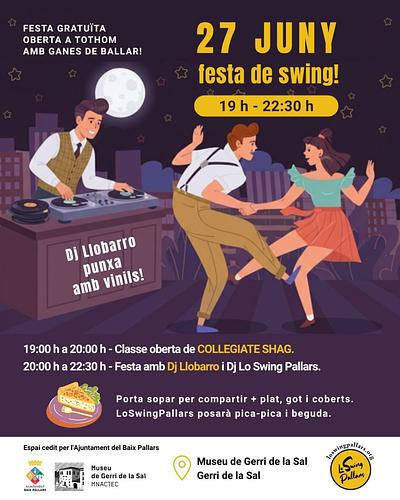 🎶FESTA DE SWING AL MUSEU DE GERRI DE LA SAL! 🎶

El proper 27 de juny us convidem a una tarda-vespre de música, ball i bon ambient a Gerri de la Sal.

🕖 19.00 h - 20.00 h
Classe oberta de Collegiate Shag, gratuïta i apta per a tothom. 
No cal experiència prèvia!

🎧 20.00 h - 22.30 h
Festa de swing amb música seleccionada en vinil per DJ Llobarro i DJ Lo Swing Pallars.

📍 Museu de Gerri de la Sal (Gerri de la Sal)
Entrada gratuïta.

🍽️ Sopar compartit
Porteu alguna cosa per menjar i compartir, així com el vostre plat, got i coberts. Nosaltres hi posarem pica-pica i beguda.

💃🕺 Tant si ja balleu swing com si és la primera vegada que ho proveu, esteu més que convidades!

Us hi esperem!