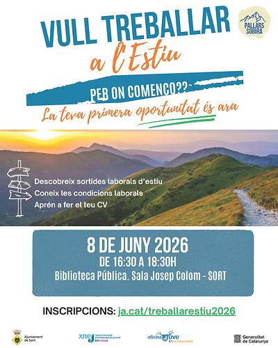☀️ Descobreix sortides laborals d'estiu
🧑‍⚖️ Coneix les condicions laborals
📝 Aprèn a fer el teu CV

👉 Si ets jove apunta't ja al taller "Vull treballar a l'estiu, per on començo?" 
📅 Dilluns 8/6 a les 16.30h
ℹ️ més info i inscripcions https://bibliosort.cat/esdeveniments/taller-treballar-estiu/ places limitades!