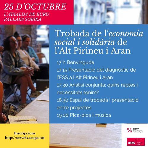Trobada de l'Economia Social i Solidària de l'Alt Pirineu i Aran

Si tens un projecte arrelat al territori i amb sensibilitat social i ambiental, vine a la trobada de l'ESS! 
Hi haurà temps per xerrar, pensar i gaudir. 

📆 divendres 25 d'octubre
🕠 17 h
🏡 L'Aixalda de la Solana de Burg (Farrera, Pallars Sobirà) 
🧩 Servei de cangur 

Inscriu-te: https://forms.gle/T27PXH6TuJTNT1dS9